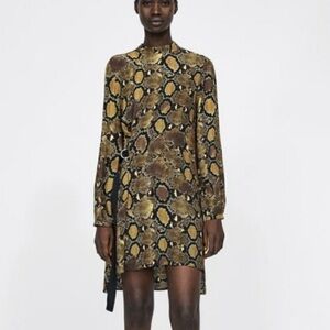 Zara Snake Animal Print dress Round Neck Bow Waist tie Long Sleeve